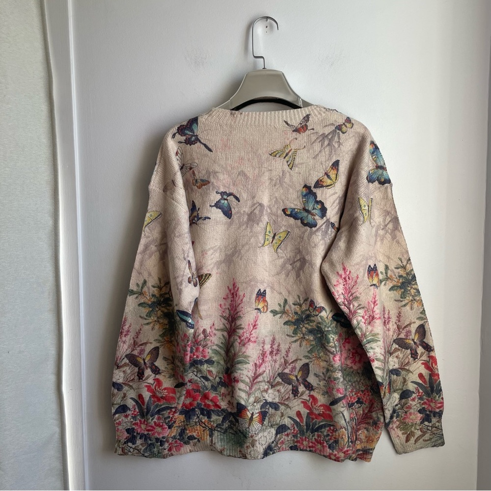 Sweater Pullover Boho/Art to wear Butterfly and Flowers size L - Picture 3 of 7
